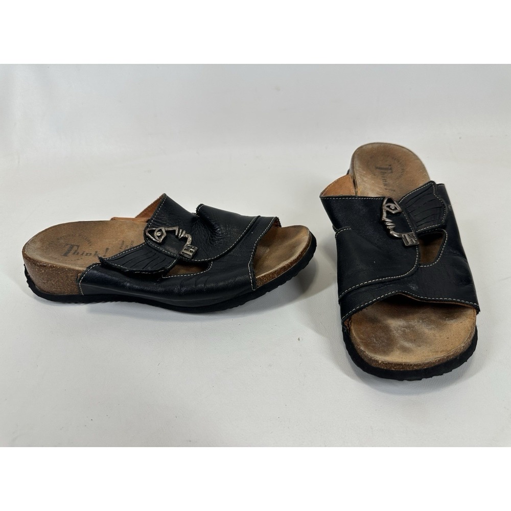 Think! Sandals Womens  Mizzi Casual Slip On Sz‎ 39 Low Wedge Slide Black Leather